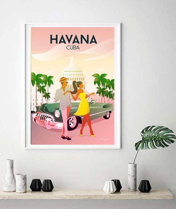Havana Cuba Vintage Classic Car Couple Dancing Travel Poster