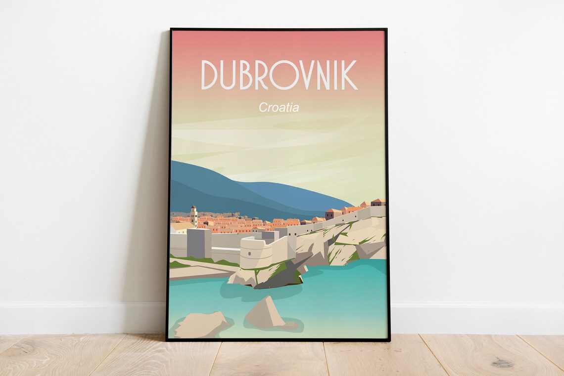 Dubrovnik Croatia Travel Poster Old Town Walls Sea Sunset Art