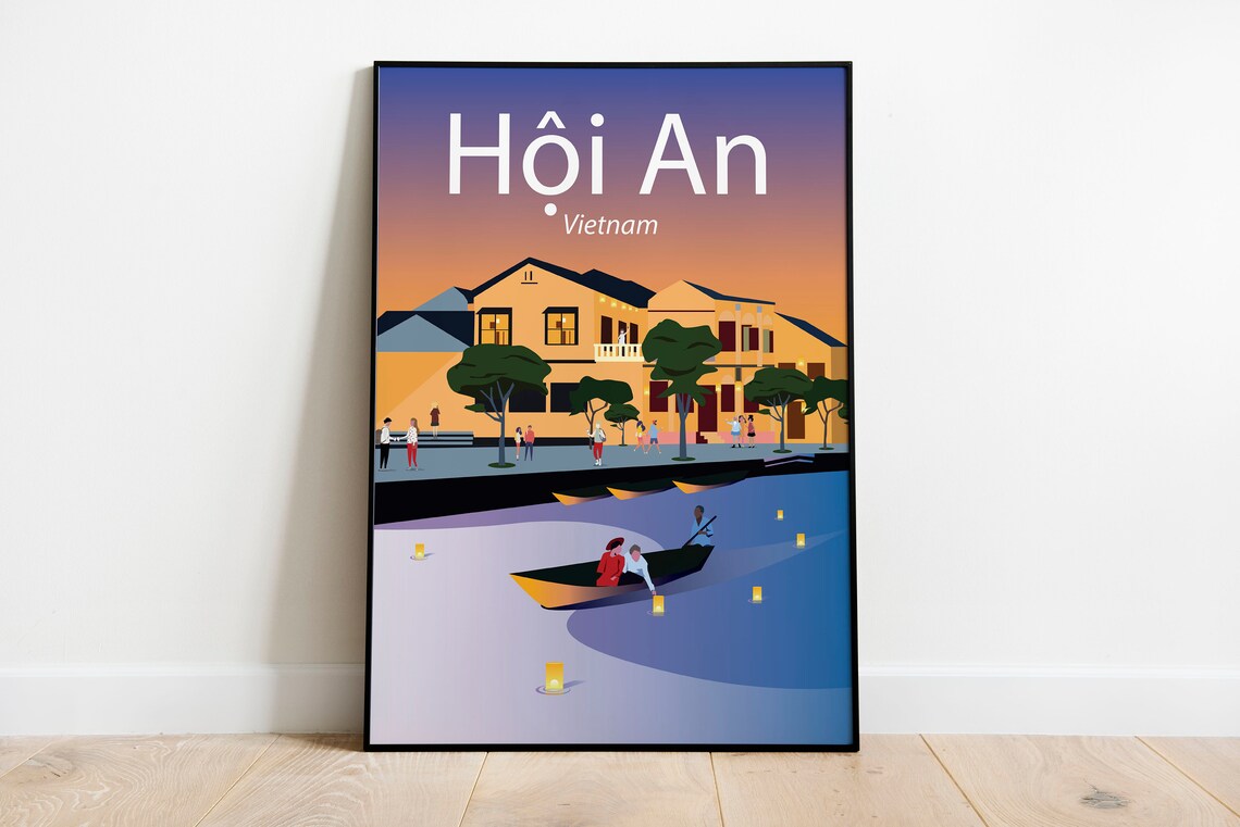 Hoi An Vietnam Lantern Boat Night River Illustration Travel Poster