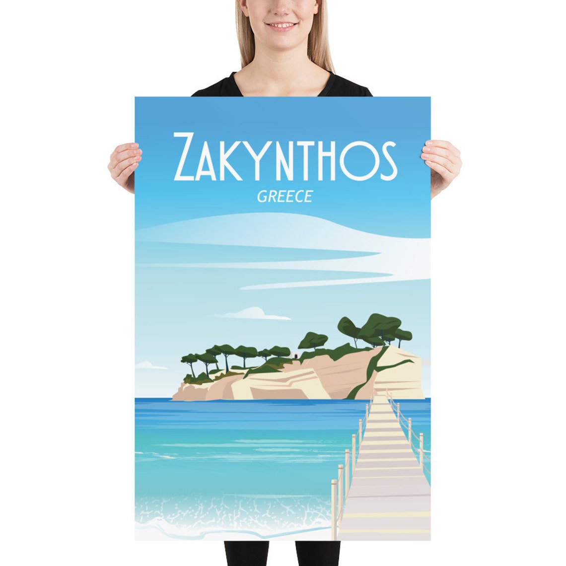 Zakynthos Greece Turquoise Sea Wooden Pier Cliffs Travel Poster - Image 2