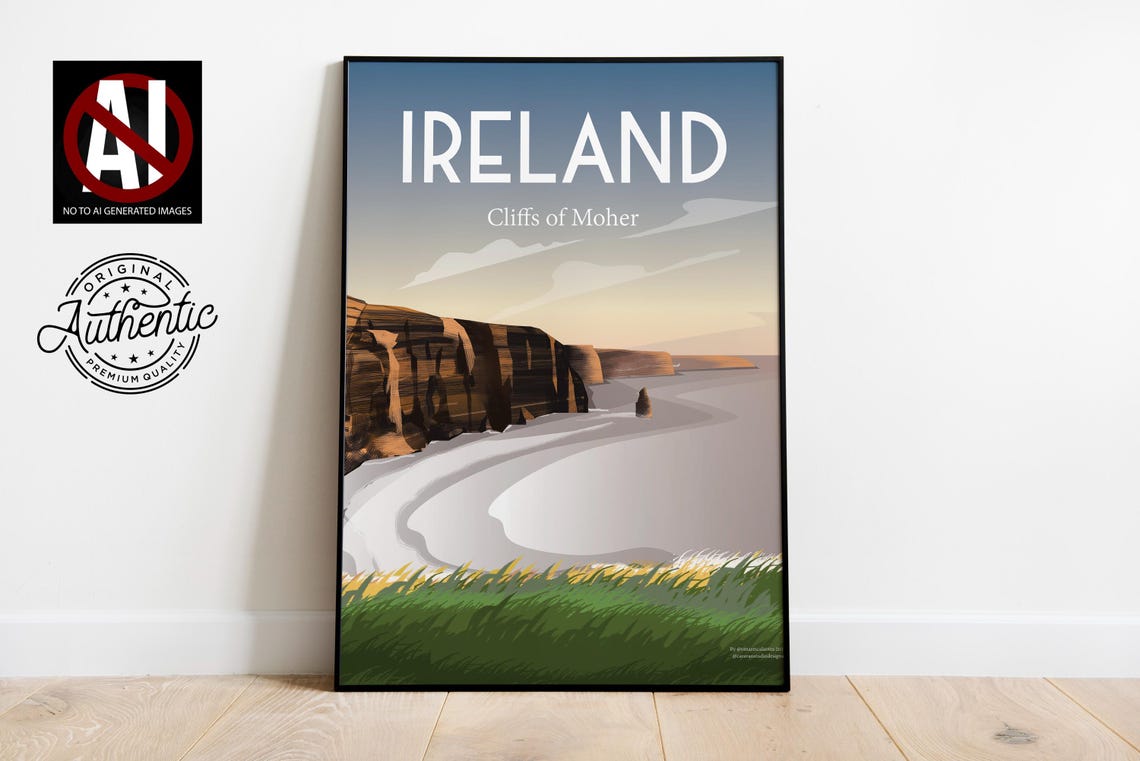 Ireland Cliffs of Moher Coastal Sunset Illustration Travel Poster