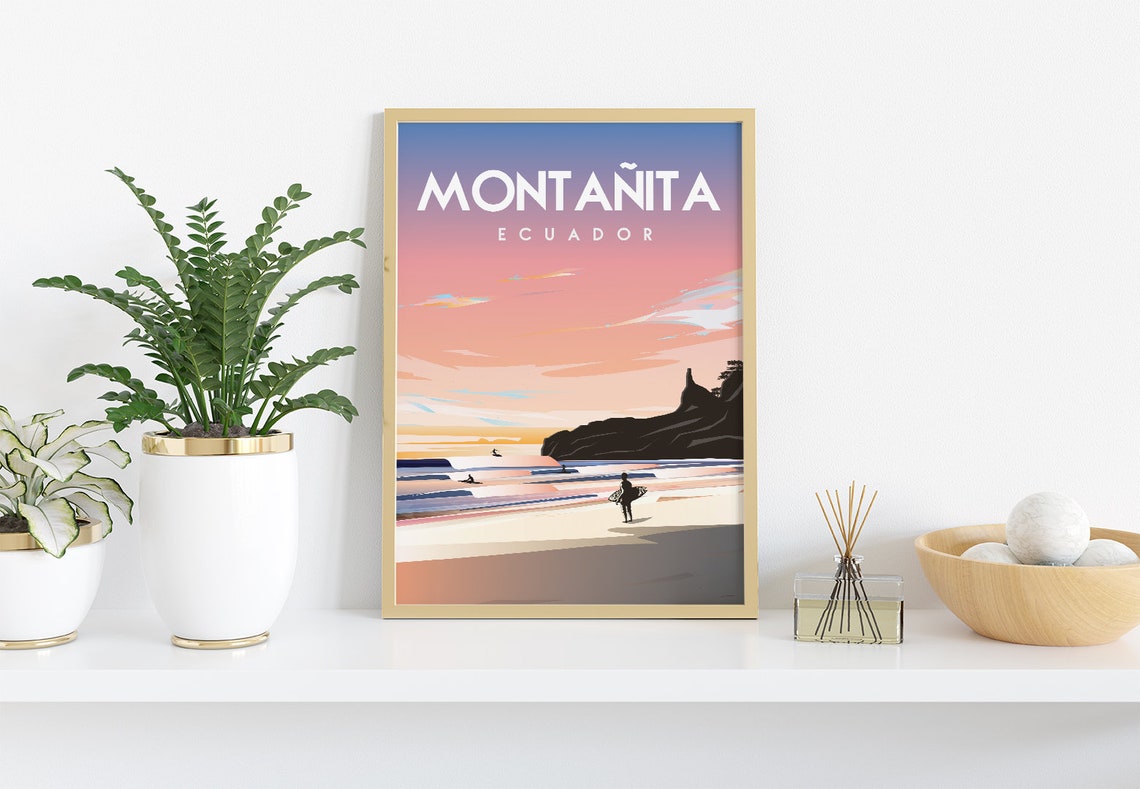 Montanita Ecuador Travel Poster Surf Beach Sunset Silhouette Art - Image 3