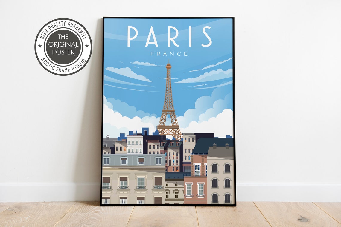Paris France Eiffel Tower Above Rooftops Blue Sky Travel Poster