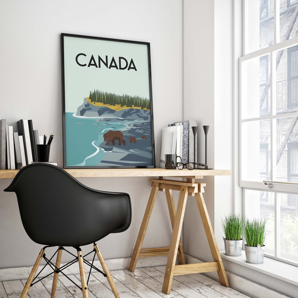 Canada Grizzly Bears Rocky Shore Lake Wildlife Nature Poster - Image 2