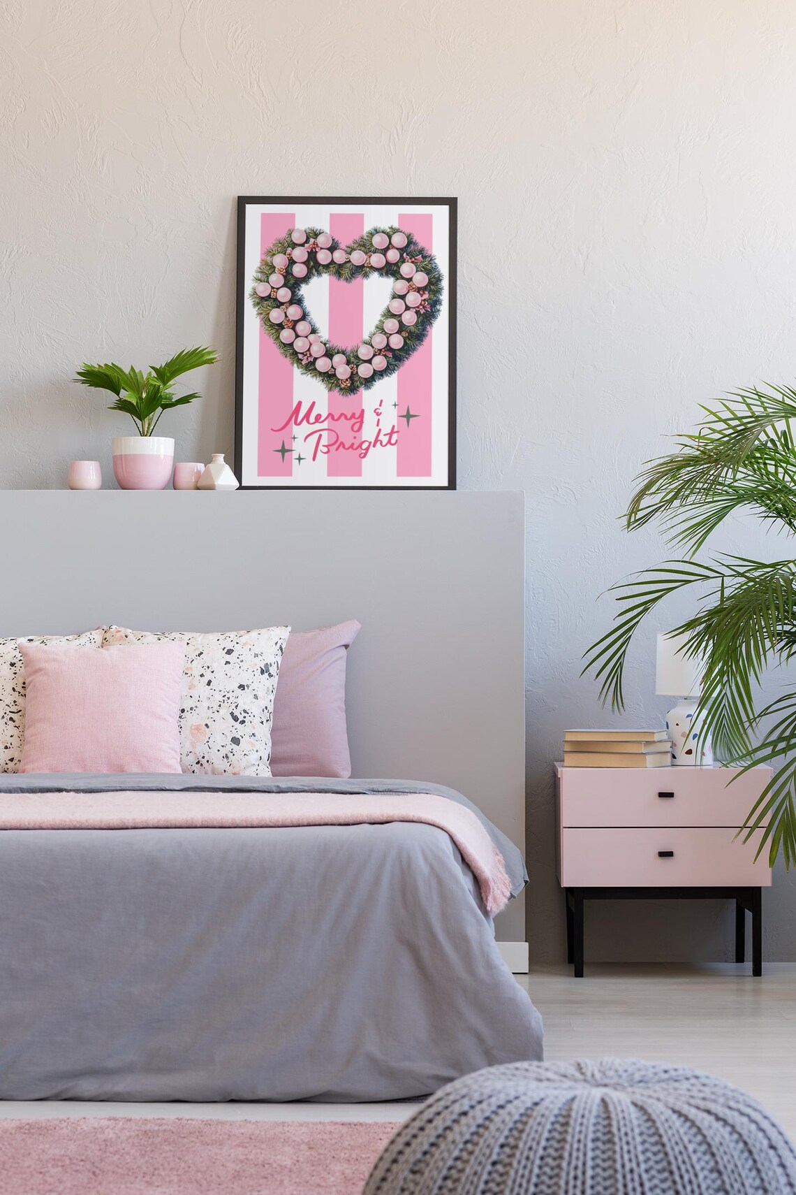 Merry And Bright Pink Heart Wreath On Candy Stripe Christmas Poster - Image 3