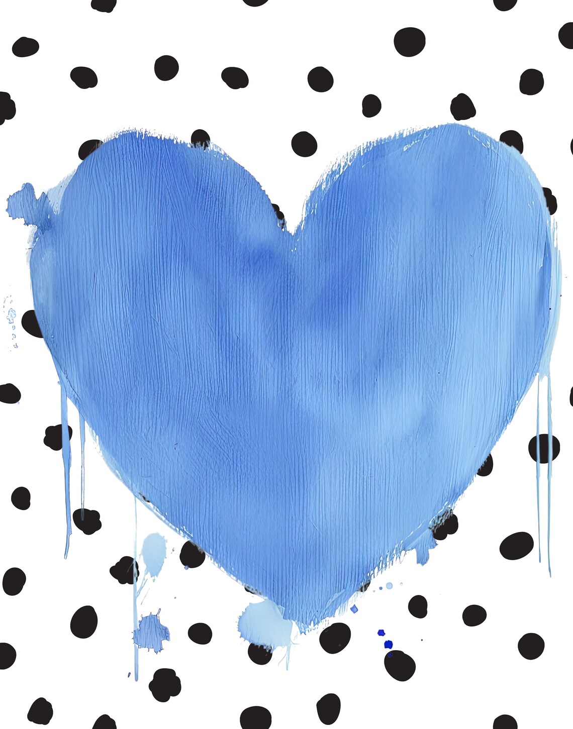 Large Blue Watercolor Heart on Black Polka Dots Abstract Poster - Image 2