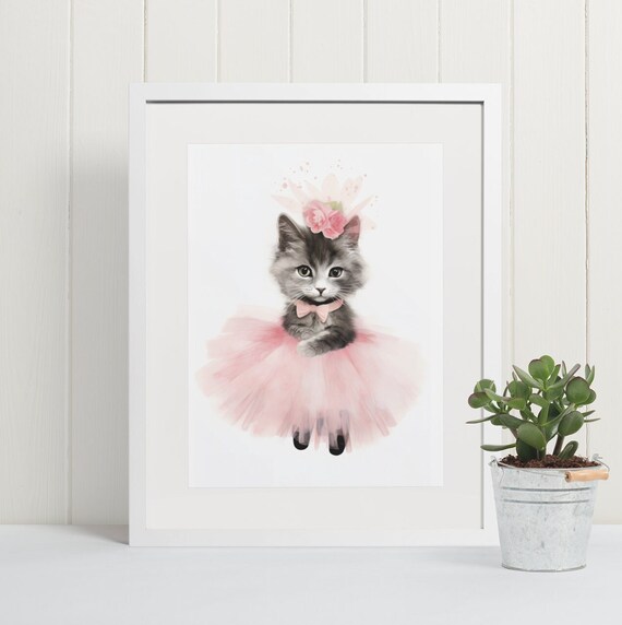 Fluffy Gray Kitten Ballerina in Pink Tutu and Rose Crown Poster