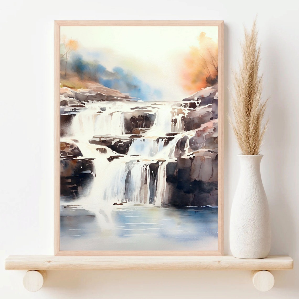 Layered Waterfall Cascades Over Rocks Misty Watercolor Poster - Image 2
