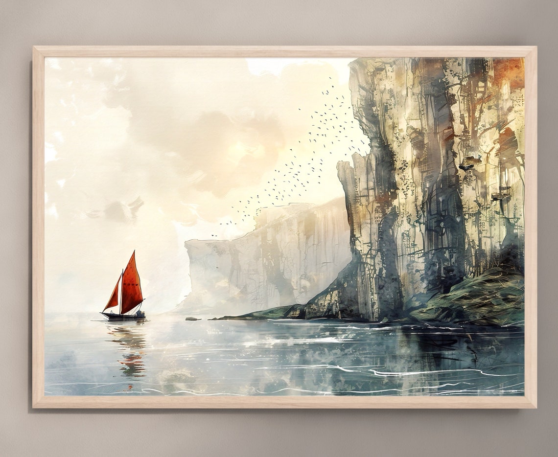 Red Sail Boat Watercolor with Tall Cliffs Birds and Calm Sea Poster - Image 3