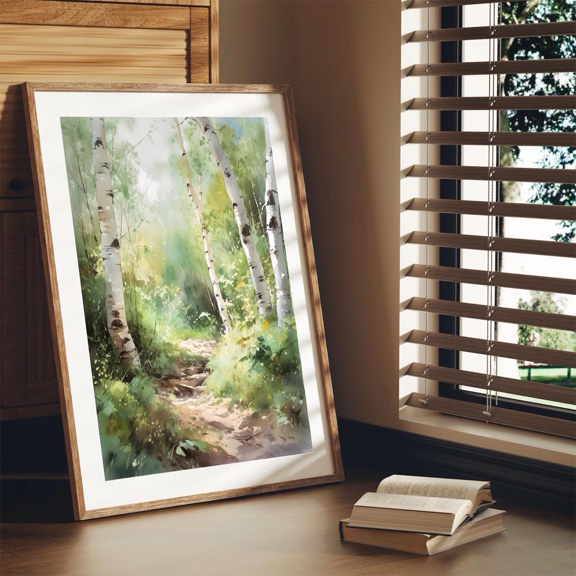 Sunlit Birch Tree Woodland Path Green Watercolor Nature Poster - Image 2