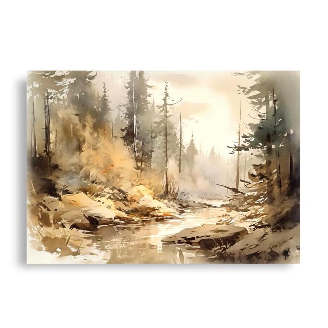 Misty Evergreen Forest Stream Soft Morning Light Watercolor Poster - Image 4