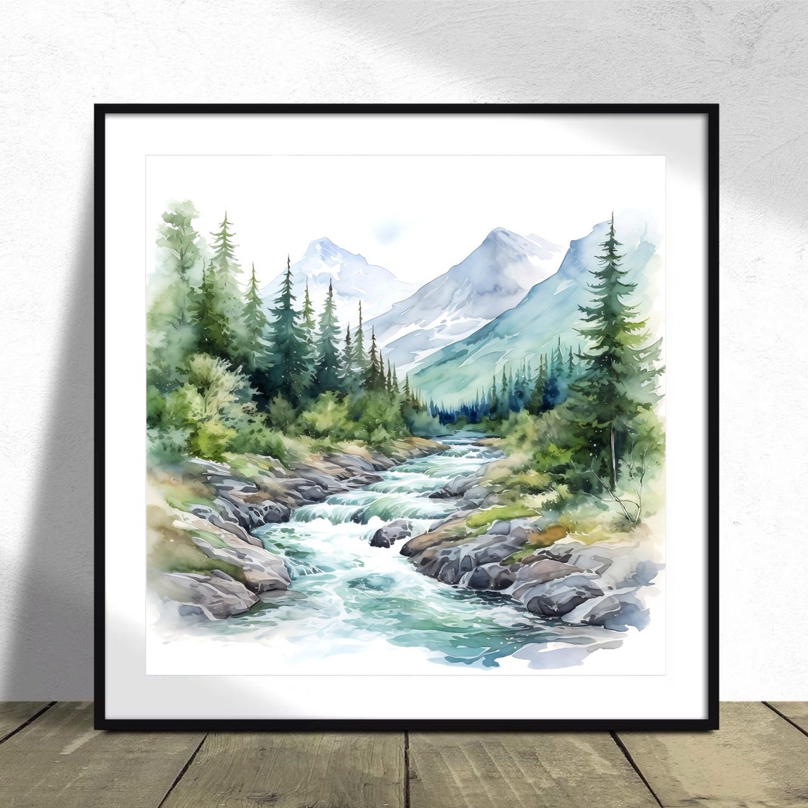 Mountain River Rapids Watercolor with Pines and Snowy Peaks Poster - Image 3