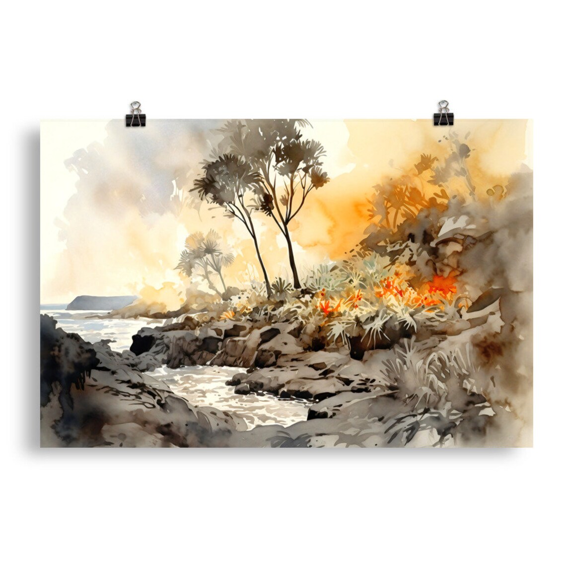 Hawaii Volcanoes Rocky Coast Palm Trees Orange Flowers Poster - Image 5