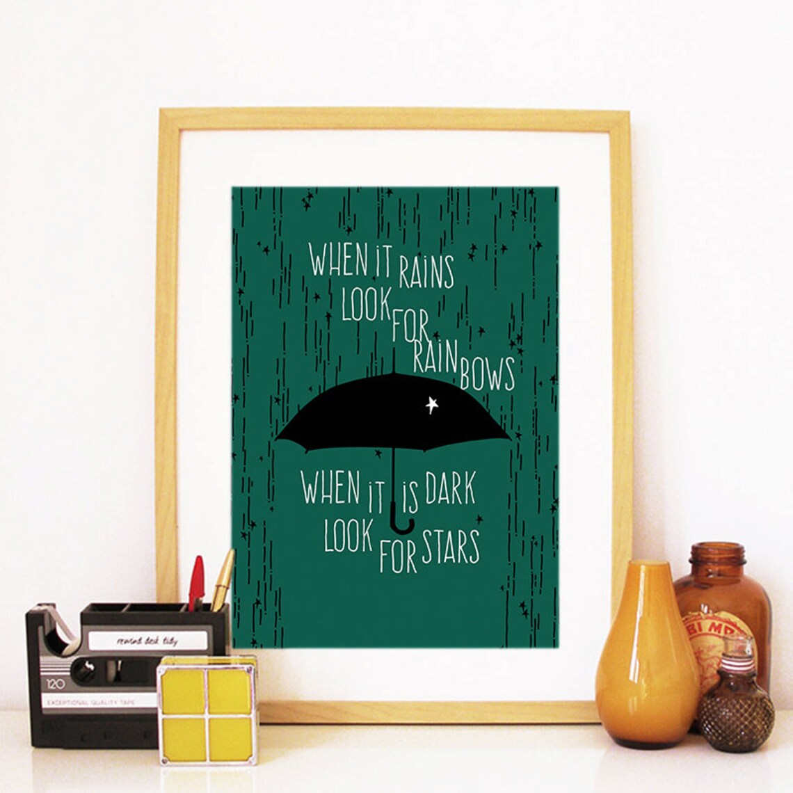 Teal Rainy Umbrella Look for Rainbows Motivational Quote Poster - Image 2