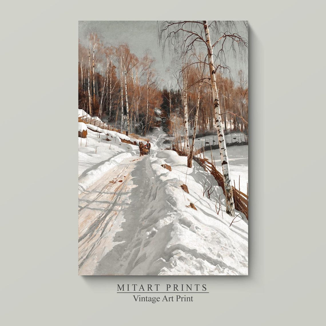 Snowy Birch Forest Road With Horse Sleigh Winter Landscape Art Print - Image 4