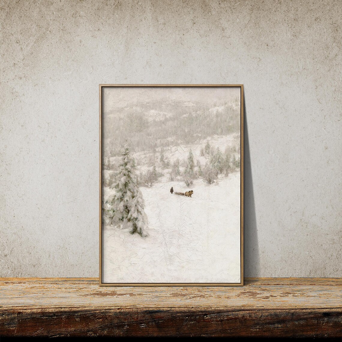 Vintage Neutral Winter Landscape Snowy Hillside Horse Drawn Sled Poster - Image 3