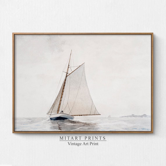 Vintage Neutral Seascape Watercolor Sailboat Art Print