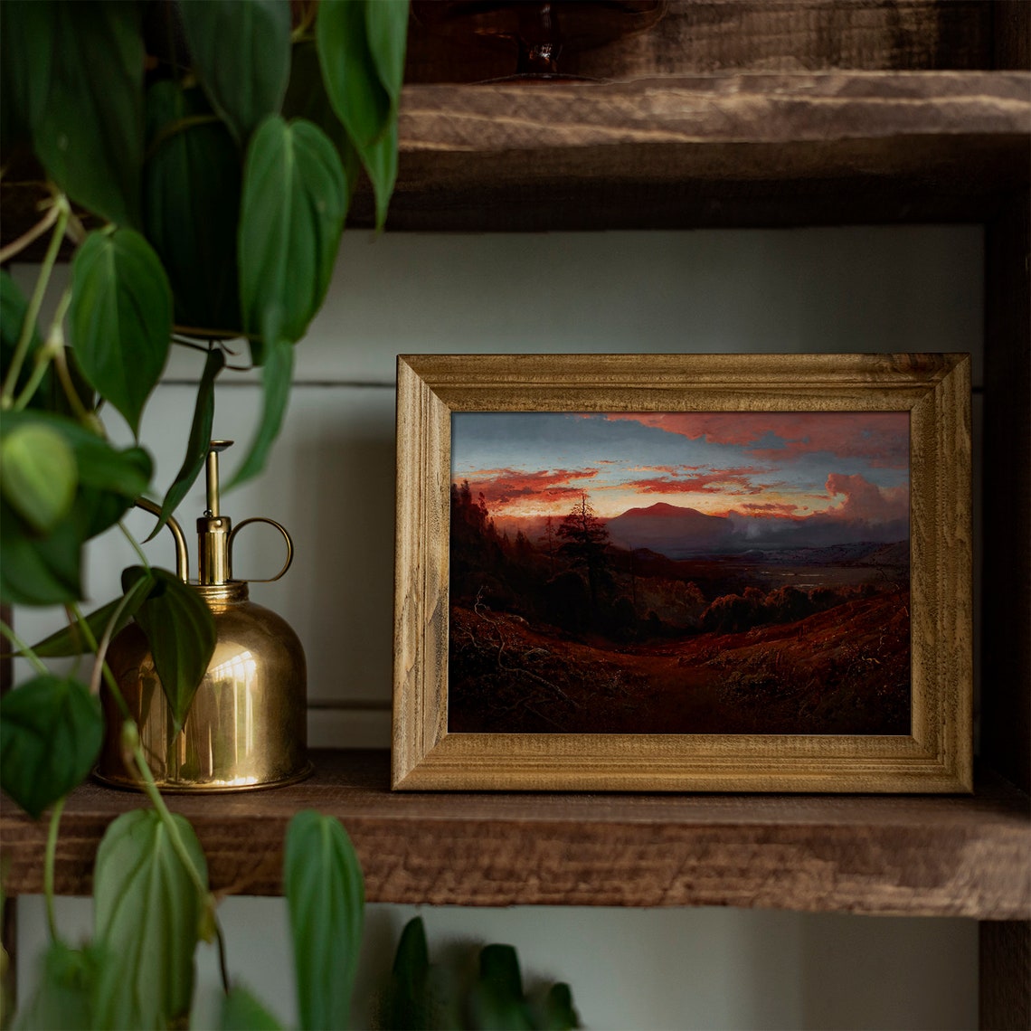 Vintage Dramatic Red Sunset Over Mountain Valley Oil Painting Poster - Image 3