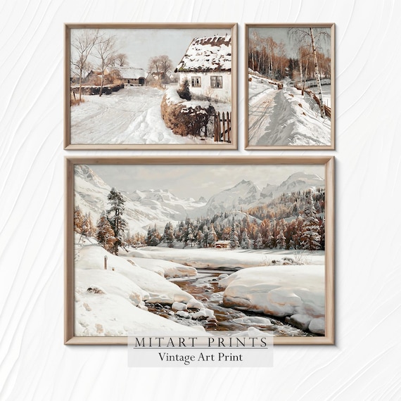 Set of Three Vintage Winter Landscape Prints Gallery Wall Art