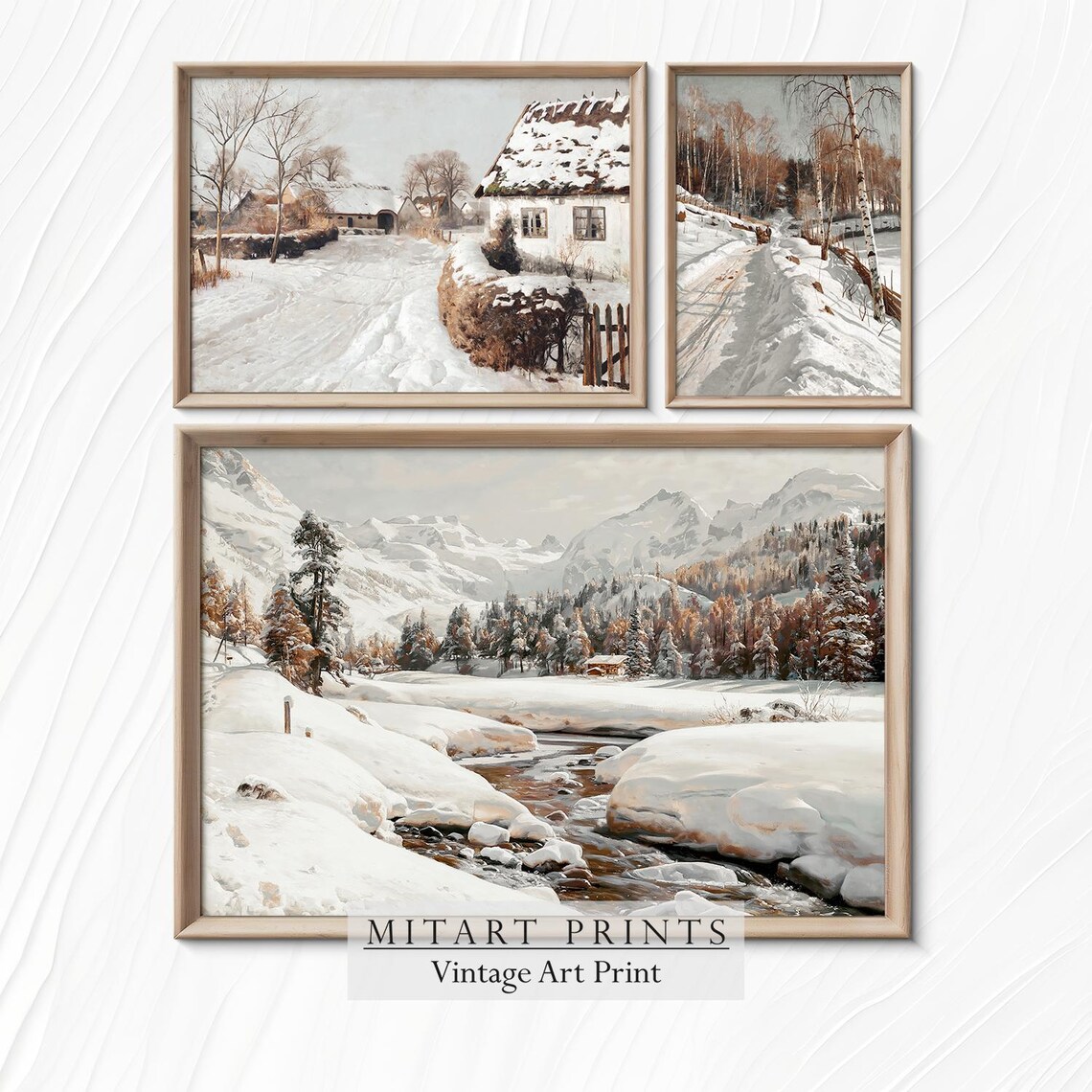Set of Three Vintage Winter Landscape Prints Gallery Wall Art