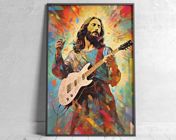 Rock Star Jesus Electric Guitar Colorful Confetti Pop Art Poster