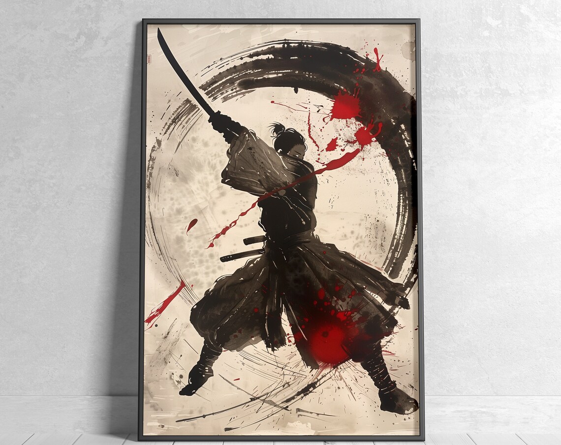 Samurai Warrior Sumi Ink Painting Print Japanese Sword Wall Decor