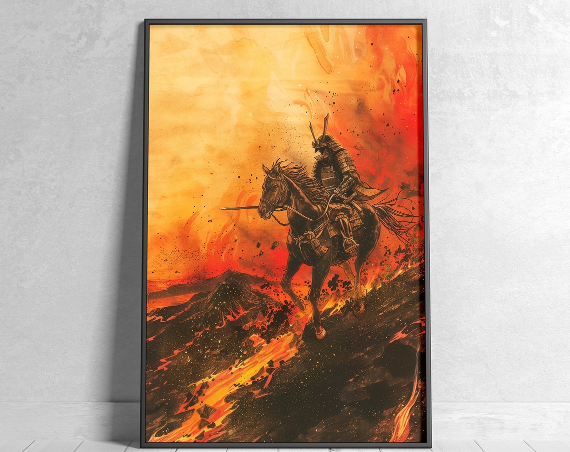 Samurai Warrior Horseback Fire Painting Orange Lava Art Poster