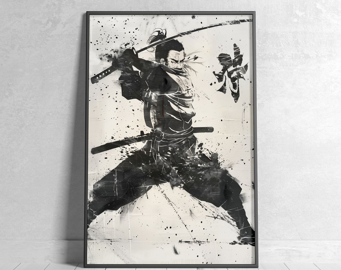Samurai Warrior Ink Wash Art Black And White Japanese Sword Poster