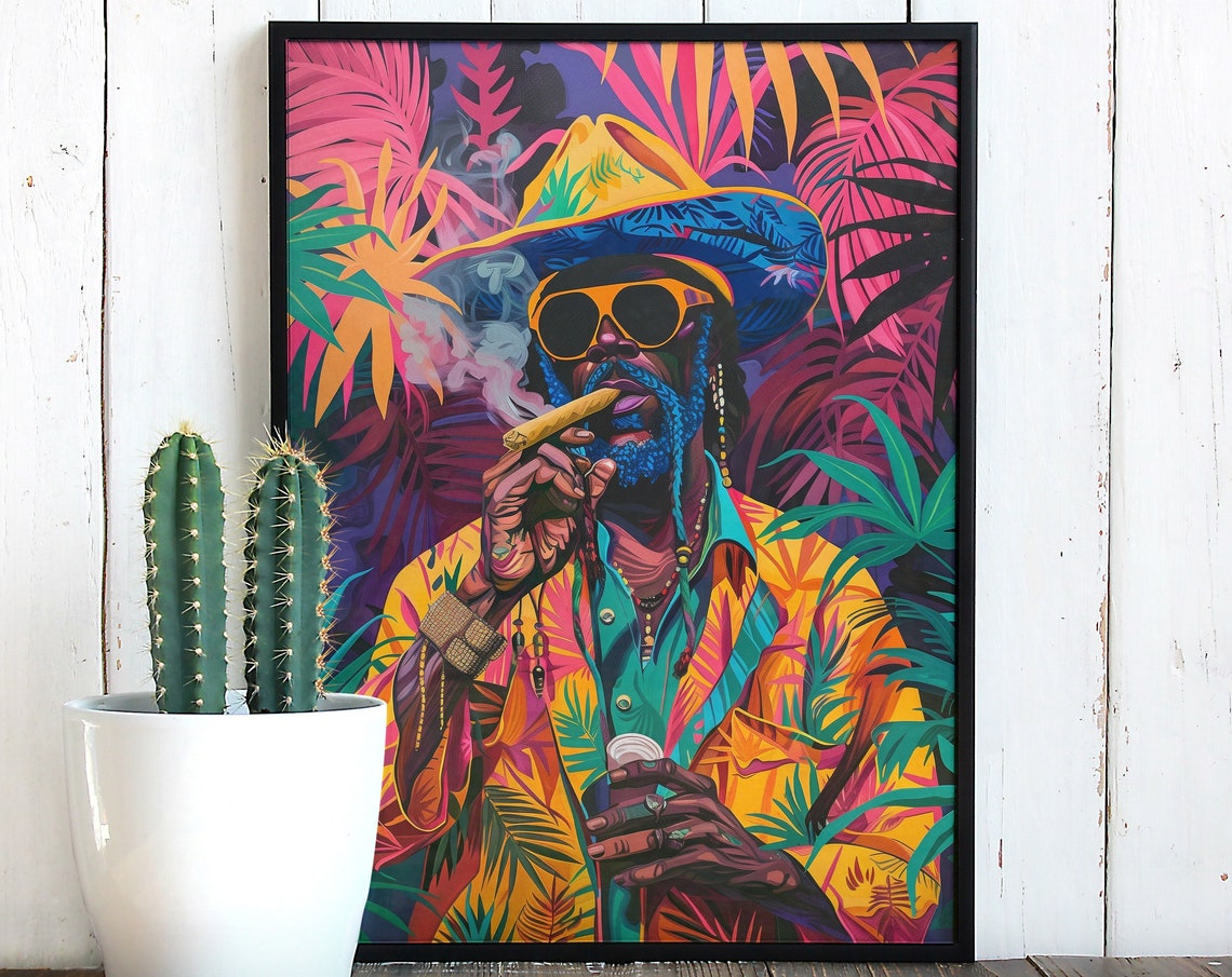 Charismatic Caribbean Man Smoking Cigar Tropical Neon Portrait Poster