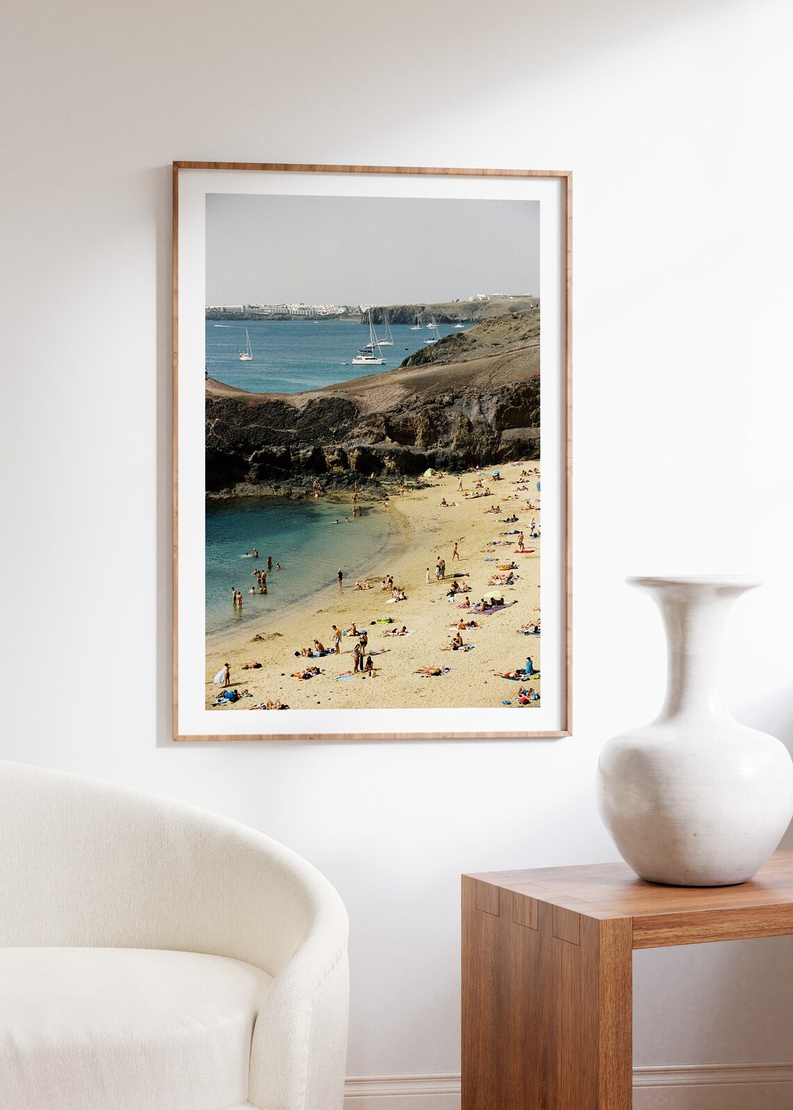 Lanzarote Beach Swimmers Volcanic Cliffs Sailboats Color Travel Poster - Image 2