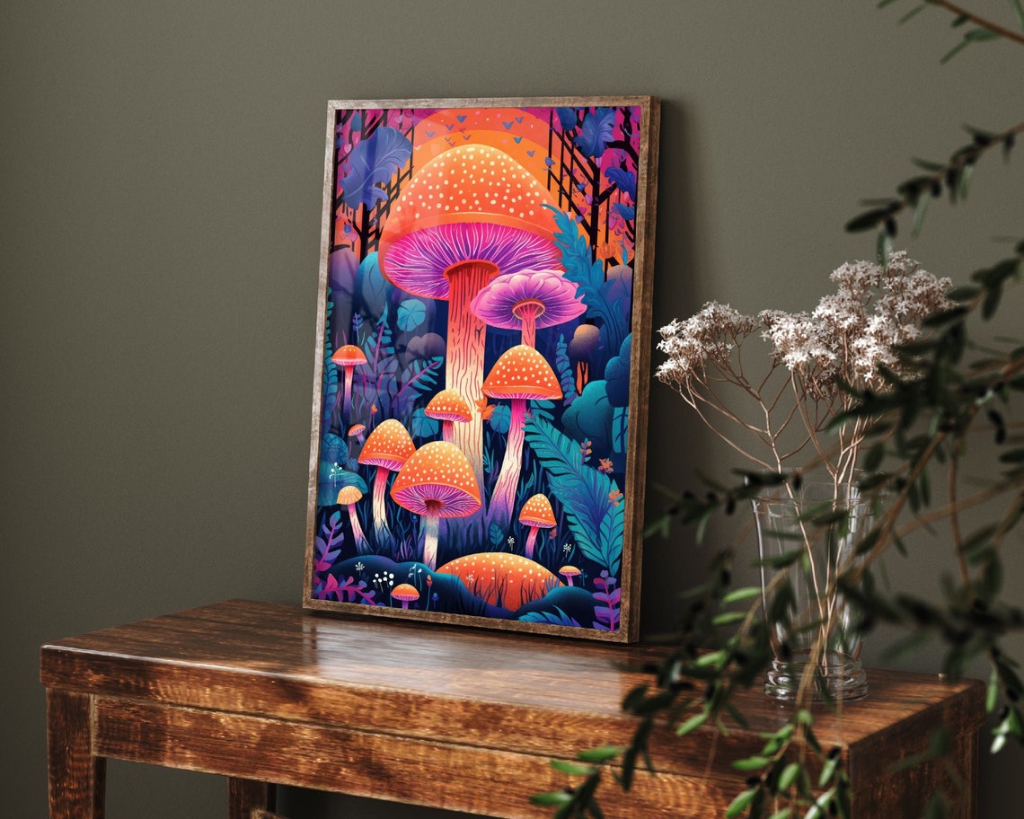 Neon Glowing Mushrooms Trippy Forest Psychedelic Fungi Art Poster
