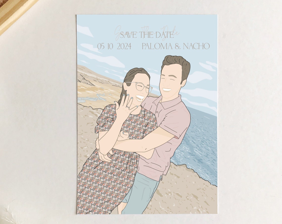 Beach Engagement Save the Date Custom Couple Illustration Art Poster