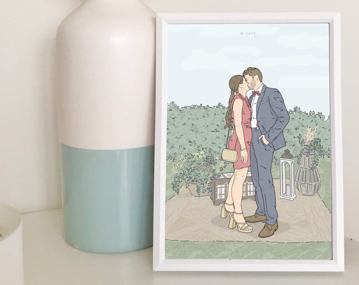 Romantic Garden Terrace Wedding Kiss Custom Couple Illustration Poster