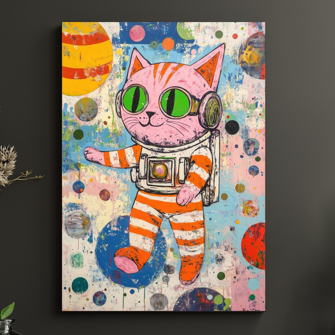 Whimsical Retro Pink Astronaut Cat Pop Art Space Painting Poster