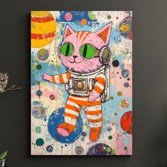 Whimsical Retro Pink Astronaut Cat Pop Art Space Painting Poster