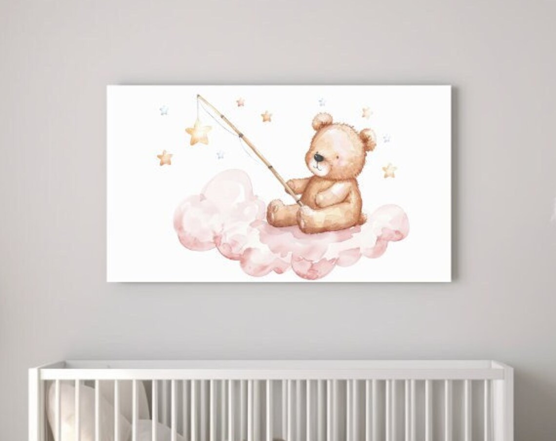 Teddy Bear Fishing Stars Pink Cloud Dreamy Nursery Wall Art Print