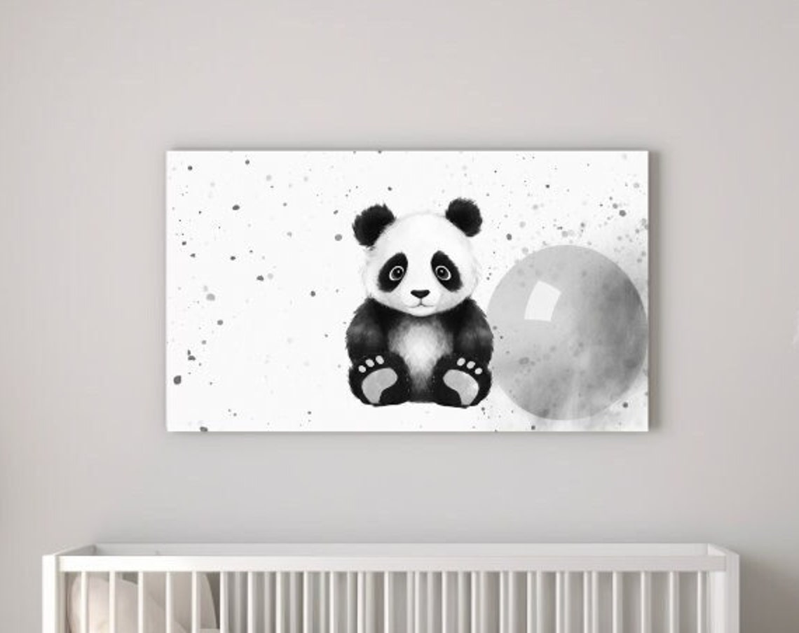 Cute Baby Panda with Gray Balloon Black White Nursery Poster