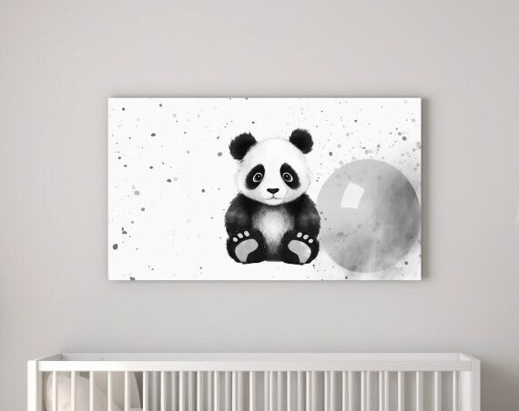 Cute Baby Panda with Gray Balloon Black White Nursery Poster