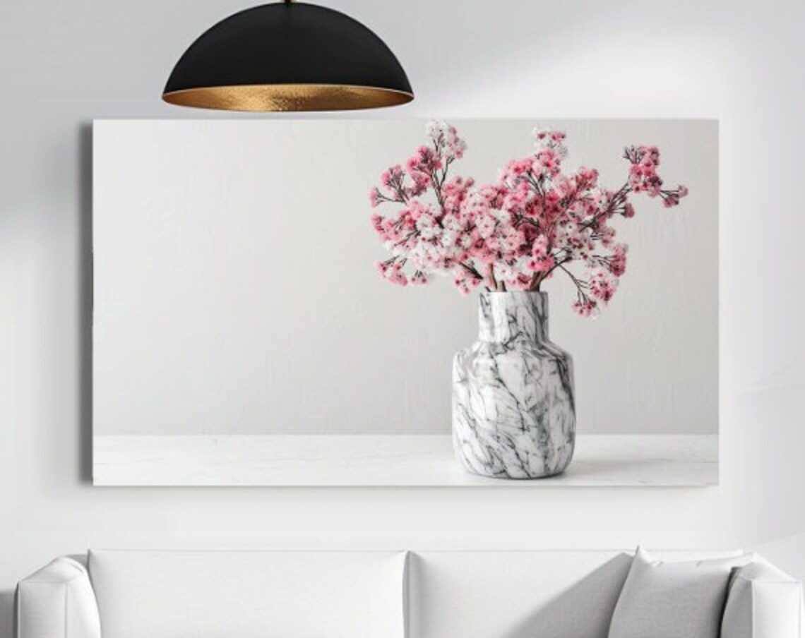 Pink Cherry Blossom Branches Marble Vase Soft Floral Wall Art