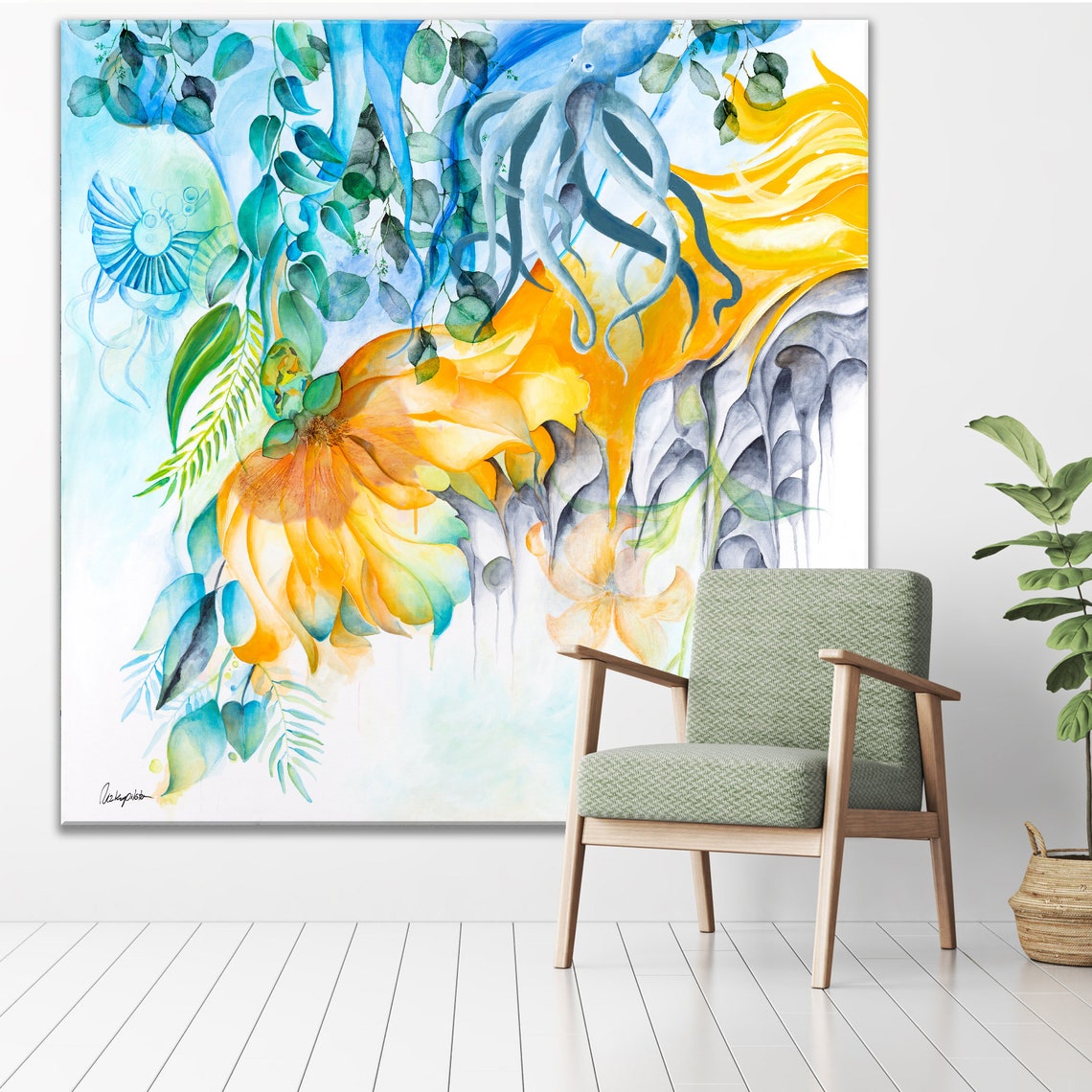 Large Abstract Wall Art Octopus Art Blue And Yellow Wall Art Square Painting For Living Room Large Abstract Acrylic Painting On - Image 2