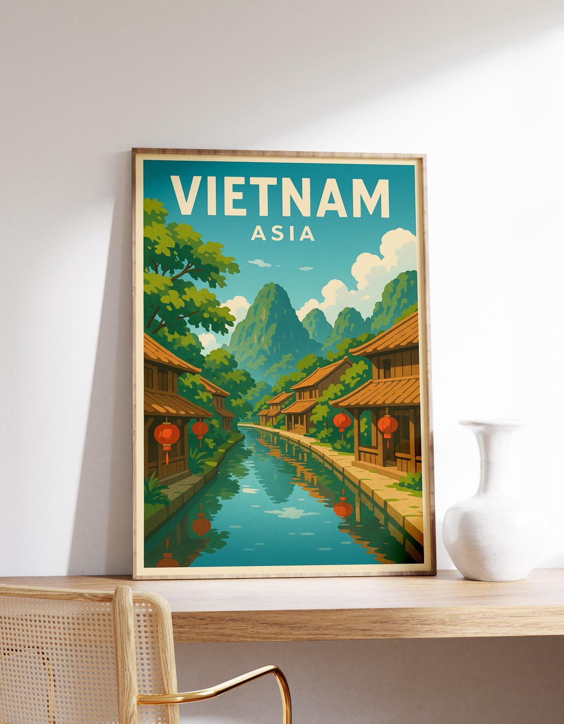 Vietnam Canal Village Retro Red Lanterns Mountain Scenic Travel Poster