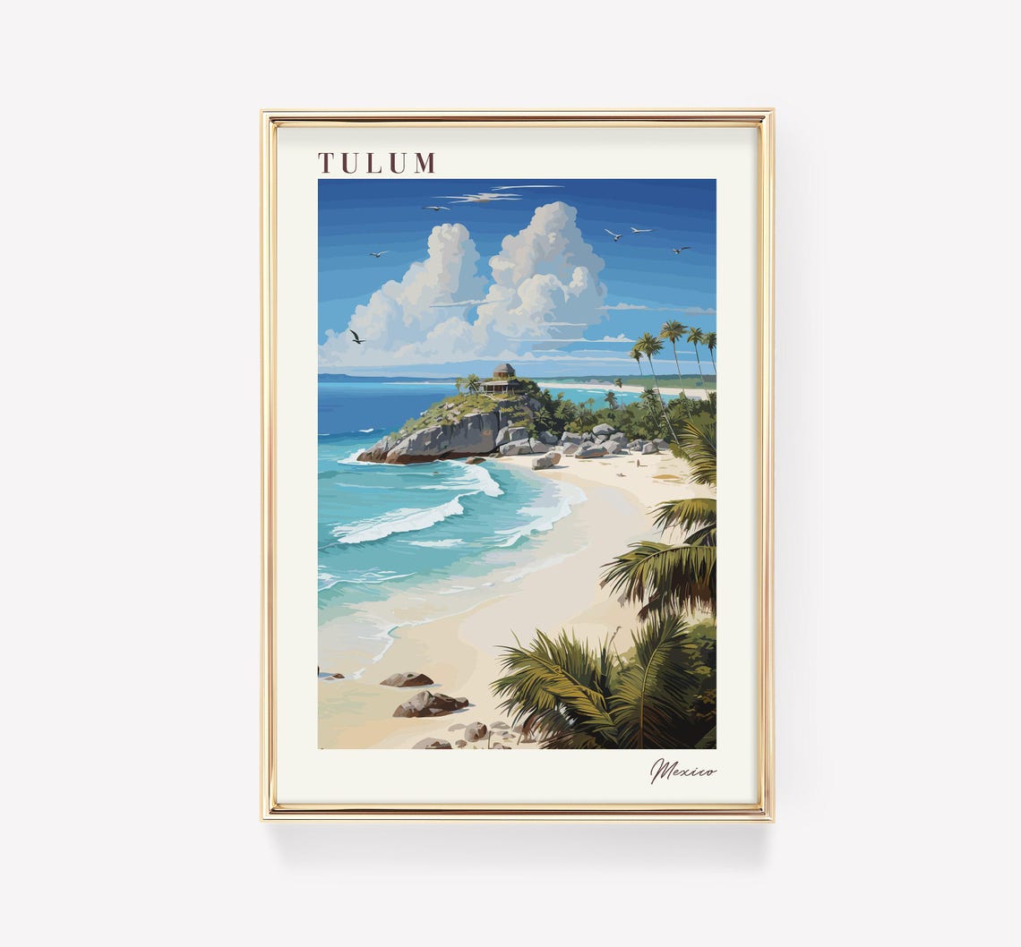 Tulum Mexico Caribbean Beach Palms Ancient Ruins Turquoise Sea Poster