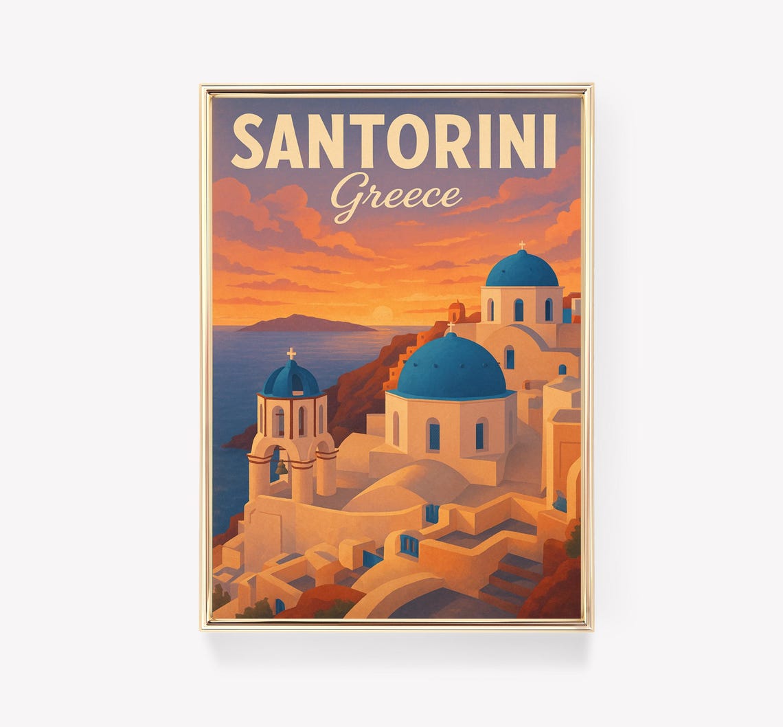 Santorini Greece Vintage Travel Poster Blue Domes Sunset Sea