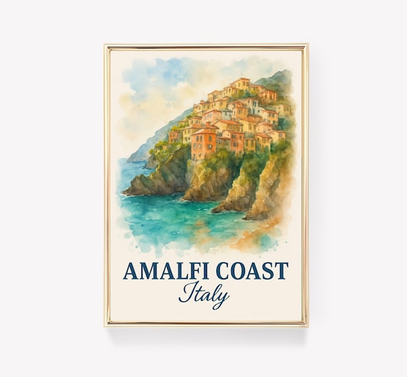 Amalfi Coast Italy Vintage Travel Poster Watercolor Cliffside Village