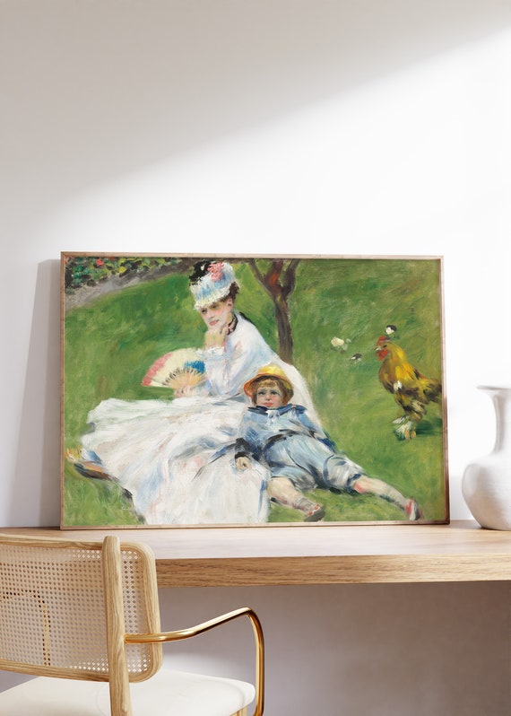 Auguste Renoir Madame Monet And Her Son 1874 Vintage Poster Portrait Oil Painting Green Scenery Print Victorian Decor Wall Art