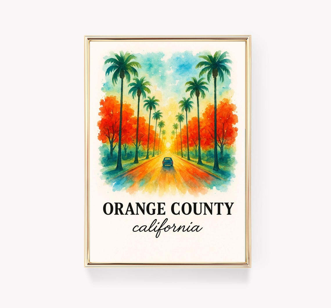 Orange County California Palm Lined Street Watercolor Art Poster