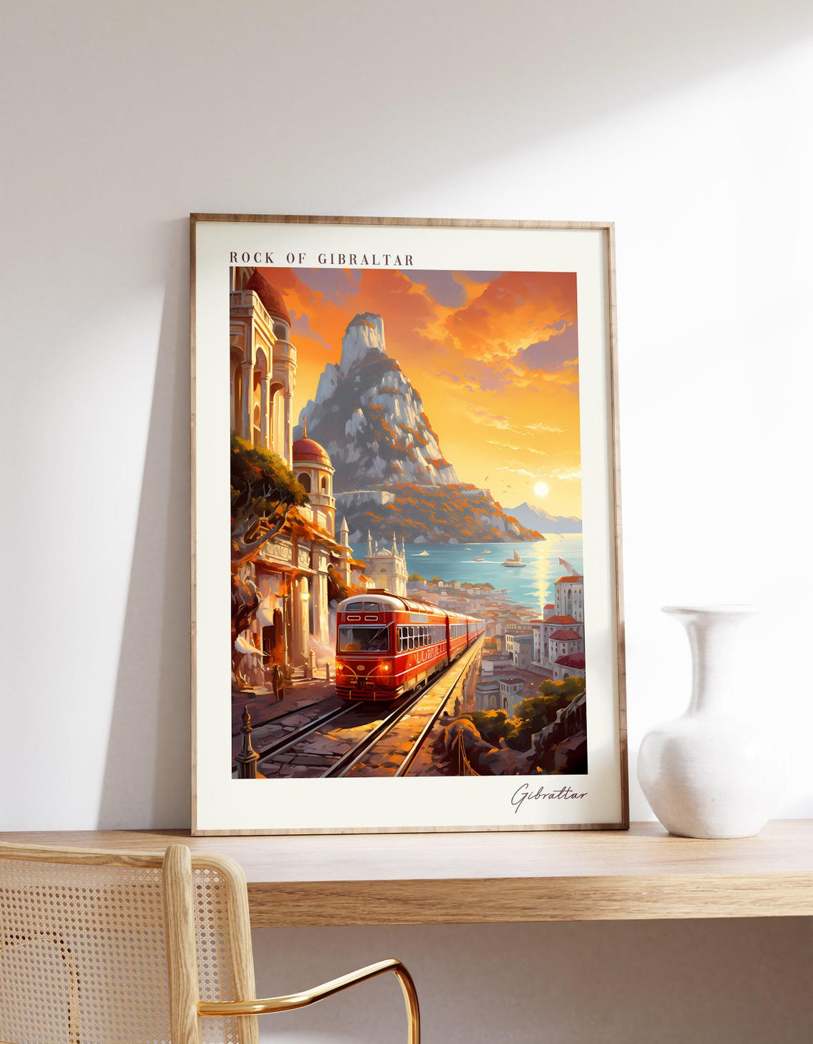 Rock of Gibraltar Travel Poster Sunset Cable Car Bay Artwork