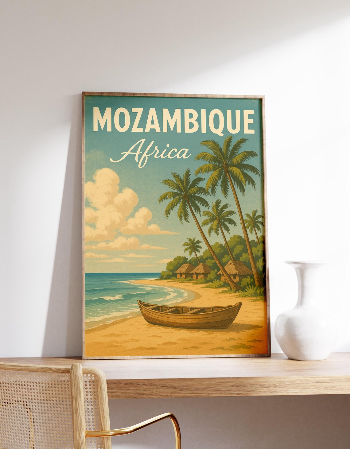 Mozambique Africa Tropical Beach Palms Vintage Travel Poster