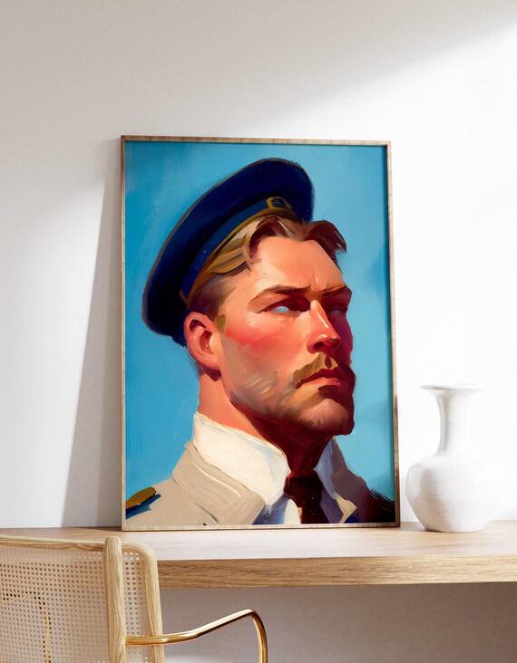 Young Sea Captain Portrait Blue Cap Bold Stylized Sailor Painting Poster