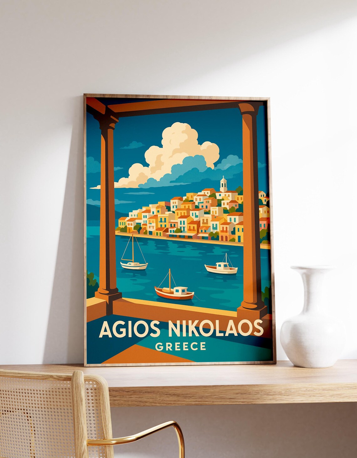 Agios Nikolaos Greece Sunny Harbor View Vintage Travel Poster